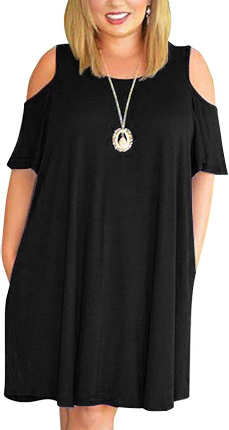 Kancystore Women Plus Size Dresses Short Sleeve Cold Shoulder Casual T-Shirt Swing Dress with Pockets