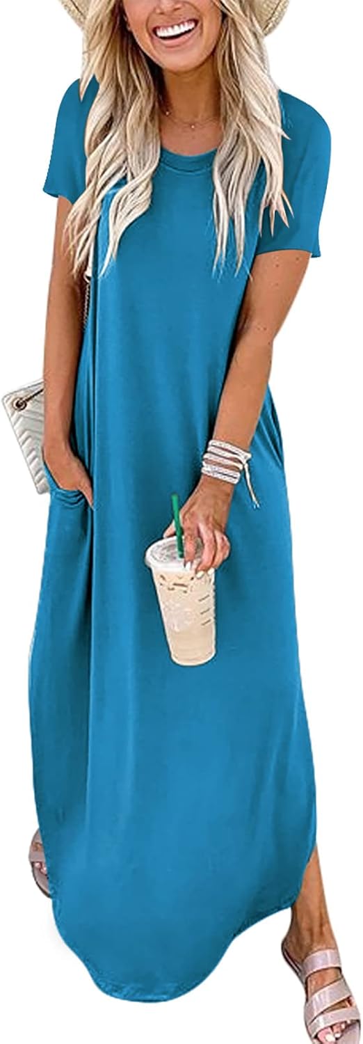 ANRABESS Women's Summer Casual Loose Short Sleeve Long T Shirt Dress Split Maxi Beach Sundress Travel Vacation Outfits